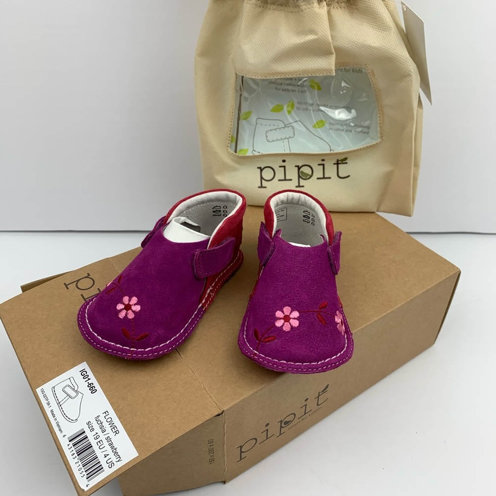 Pipit Flower Fuchsia Strawberry suede baby booties